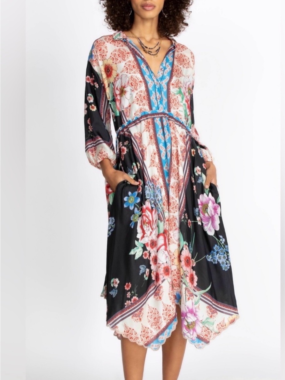 Johnny Was Geana Patsy Silk Midi Dress Size XL Boho Quiet Luxury
